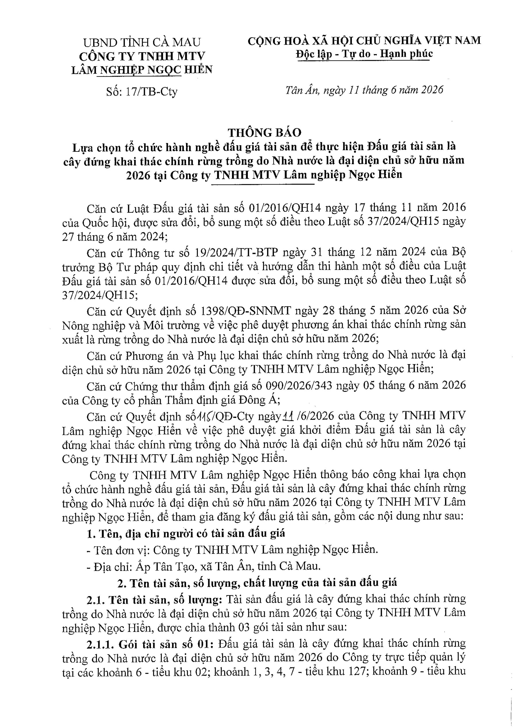THÔNG BÁO LỰA CHỌN TỔ CHỨC HÀNH NGHỀ ĐẤU GIÁ TÀI SẢN